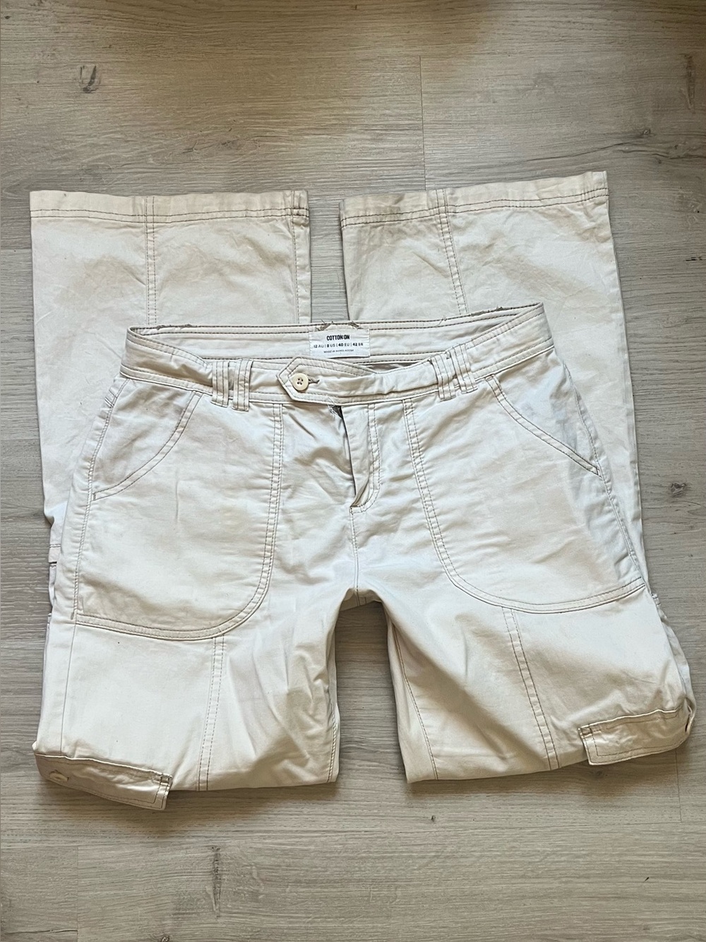 y2k cotton on flared low-rise women’s jeans white with warm brown stitching